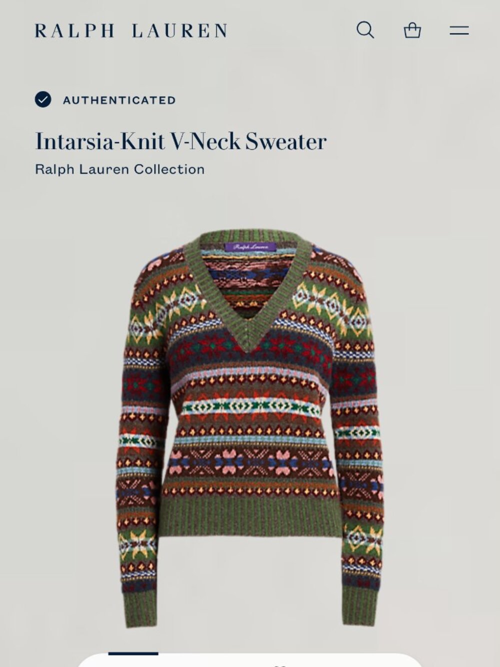 Lauren Ralph Lauren Purple Label Intarsia Knit Cashmere V Neck Sweater Fair Isle - Picture 5 of 11